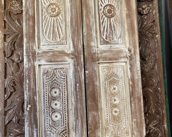 Pair of Carved Doors, Whitewash Barn Door, Pantry Door, Carved Interior Door, Bifold Doors, Architectural Design, 80x12 each