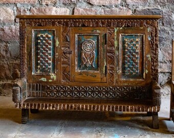 Antique Indian Wooden Damchiya, Traditional Console Cabinet, Storage Box, Sideboard Table, Old World Storage Bridal Chest, 41x31