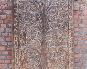 Reclaimed Vintage Wood Hand-Carved Floral Barn Door Interior Door, Tree of Dreams WALL Relief Panel 84X40
