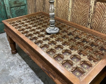 Rustic Chai Table, Brass Accent Living Room Table, Brown Vintage Cocktail Coffee Table, Indian Door Table, Hand Carved Table BOHO Home Decor