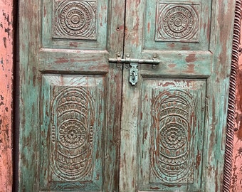 Antique India Teak Wood Doors, Distressed Teal Blue, Intricately Carved Rustic Farmhouse Doors, Mediterranean Country Barn Doors, 80"