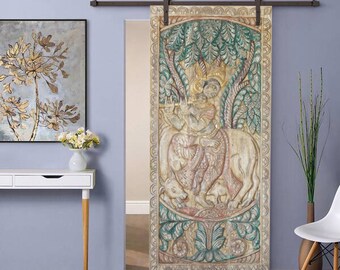 Vintage Indian Carved Fluting Krishna with Cow Door Panel, Wall Art, Custom Door, Sliding Barn door, Statement Door 72x35