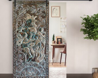 Vintage Blue Krishna Carved Door Panel, Fluting Krishna, Indian Art, Barn Door, Custom Doors, 84