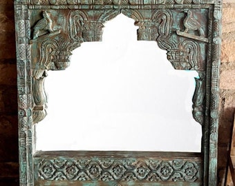 Farmhouse Rustic Arch Mirror, Peacock Design Hand Carved Indian White Wash Wall Decor Mirror, Vanity Mirror, Home Decor