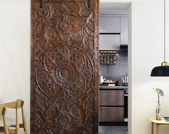 Vintage Indian Carved Wood Barndoor, Rustic Lotus Reclaimed Wood Wall Sculpture, Chakra interiors, Yoga Art 80x36