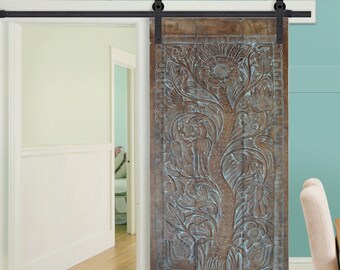 Tree of Life Carved Door, Birds of Paradise, Antique Black Vintag Wood Custom Sliding Barn Door, Accent Wall Art, Kalpavrikha Carved Door 96