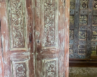 Rustic Floral Carved Armoire Blue Hues Unique Cabinet Farmhouse Storage Eclectic Organic Decor