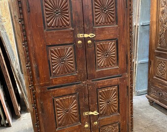 Antique Indian cabinet, Hand carved 4 Door Armoire, Earthy Woods Storage Armoire, Chakra Carved Doors with Brass Hardware 66x40