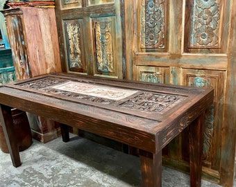 Vintage Stone Desk Table, Carved Wood Office Table, Rustic Kitchen Table, Haveli Office Table