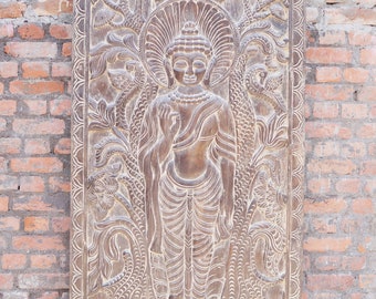 Shakyamuni Standing Buddha Abhaya Mudra Wall Art Hand Carved Wall Panels Buddha Relief Panel, Barn Door Wall Art 84X36