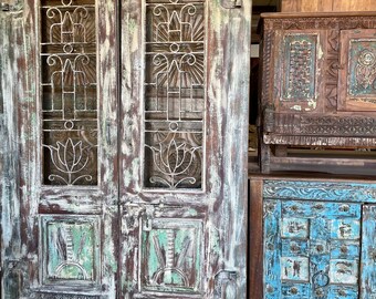 Pair Vintage Whitewash Barn Doors, Antique Carved Sliding Doors, Lotus Jali Latticed Doors, Double doors, Boho, Eclectic decor, 84x24 each