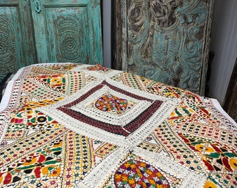 Earthy White Tapestry, Bed Throw, Headboard Indian Tapestry, Wall Hanging Tapestry, Vintage Hand Embroidered Bohemian Decor