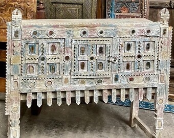 Vintage Indian Chest, Ornate Console, Whitewash Damchiya, Entryway table, Storage cabinet, Old World, Carved Accent Decor 45x36