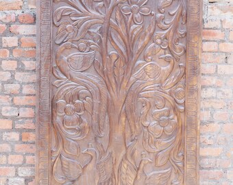 Vintage Floral Carving Wood Panel, Sliding Door, Barn Door Artisan Tree of Dreams Sculpture Wall Hanging, Panel Farmhouse Interior Door 84