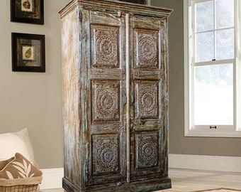 Rustic Carved Wardrobe Armoire, Handcrafted Reclaimed Wood Cabinet, Floral Carving, Double Door Farmhouse Cabinet Storage Chest, 80x50