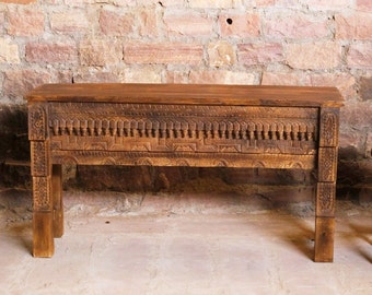 Rustic Carved Console Table, TV Stand, Vintage Wood Sofa Accent Table, Hand Carved Reclaimed Wood Unique Eclectic