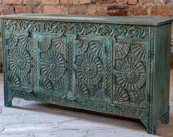 Teal blue Antique Inspired TV Credenza Cabinet, 4 Door Carved Wood Chest, Brass Stud Medallions, Sideboard Buffet 71