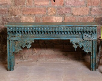 Blue Antique Sofa table, Vintage Carved Console Table, Hall Table Handcrafted Floral Design Entryway Accent Reclaimed Rustic Furniture