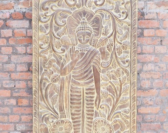 Vintage Standing Buddha Wall Panel Abhaya Mudra Wall Decor for Living Room, Bedroom, Yoga Barn Door Panel 84X36