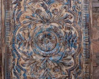 Distress Wood Blue Vintage Wood, Tree of Life Sliding Barn Door, Artistic Barndoors, Blooming Lotus Pond Old World India Carved Doors, 80x36