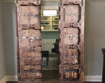 Pair Antique Indian Farmhouse Doors, Rustic Doors, Wine Cellar Door, Indian Teak Doors, Exterior Doors, Headboard, Unique Decor, 78x45