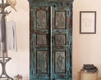 Artisan Carved Vintage Armoire, Ornate Frieze, Tall Bedroom Cabinet, Wardrobe Cabinet, Antique Blue Armoire from India, 84