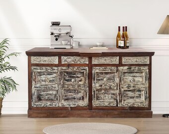 Antique Indian Door Sideboard, Farmhouse Buffet, Liquor Cabinet, 4 Door Credenza Cabinet with Drawers, Rustic Whitewash Coffee Bar, 89x44