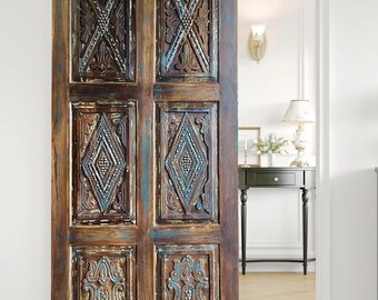 Copper Studs Barn Door, Fluer Iris Carved Barn Door, Vintage Blue Carved Barndoor, Solid wood, Antique Carved Custom Sliding Door 7'x3'