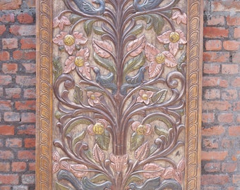 India Carving Reclaimed Wood Vintage Door Tree of Life Holistic Barn Door Panel, Floral Carved Sculpture Kalpavriksha WALL Art 84x40
