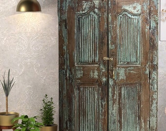 Shabby Chic Carved Vintage Armoire, Storage Cabinet, Antique Blue Armoire from India, Country Armoire, Living Room, Unique & Eclectic