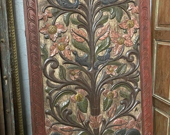 Vintage Reclaimed Woods Tree Of Life Carved Panel Wall Art, Holistic Sculpture Door, Panel Barndoor, Indian Door, Barn Door Panel 84x40
