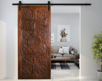 Vintage Wood Barn door, Holistic Wall Art, Lotus Mandala Carving Single Door Panel, Bedroom, Yoga Barn Doors, King Headboard, 80x36