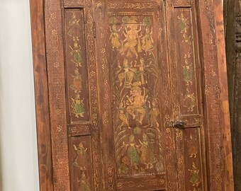 Antique 1800s GaneshaTemple Doors, Russet Distressed Barn Door, Mindful Artistic Yoga Barndoor, Unique Eclectic Boho Chic, 80x40