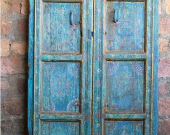 19c Antique Blue Doors, Artistic Door, Indian Painted Door, Rustic Door, Haveli Doors, Teak Statment Doors Unique Eclectic