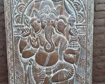 Vintage Wood Nritya Ganesha Panel, Ganesh Dancing on Lotus Carved Wood Panel, Wall Art Sculpture, Yoga Decor, Indian Carving