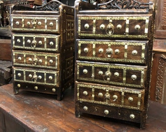 Pair Of Dark Wood French Nightstands, Rustic Vintage Low Side Tables, 4 Drawers CHEST, BRASS Stars Hand Carved Bedside Table