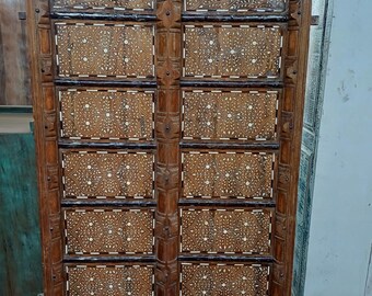 PRE ORDER Antique Indian Bone Inlay Door Panels, Ornate Floral Vines Vintage Teak Door 70x39