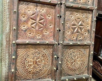 2 Antique Door Panels, Old Teak Wood Chakra Carved Doors, Indian Doors, Reddish Brown Wood Tone, Architectural Yoga Design 80