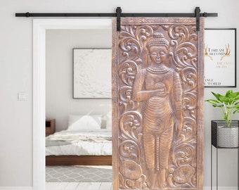 Vintage Standing Buddha Barndoor, Yoga Door, Budha Blessing Bowl Artistic Door Panel, Hand Carved Yoga Door, Unique Eclectic