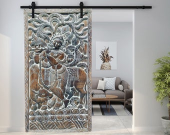 Indian Carved Barndoor, Fluting Krishna with Cow, Accent Wall, Artistic Carved Sliding Door, Statement Decor, Custom Unique  BLACK FRIDAY