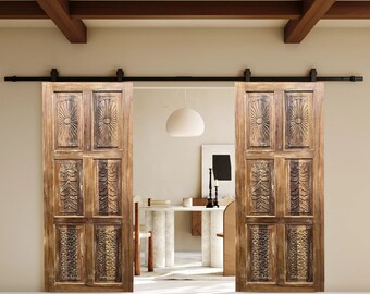 Natural Wood Carved Barn Door, Rustic Modern Sliding Doors, Custom, Bedroom Doors, Bathroom Sliders, Room Divider, Boho Resort Design 80x30