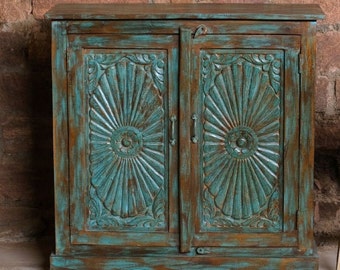 Rustic Ornate Chest Floral Carved Door Sideboard, Teak, Cabinet Reclaimed Wood Storage Chest BOHO FARMHOUSE DECOR