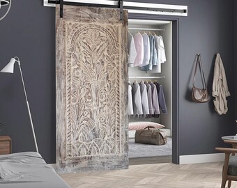 Tree of Life Carved Wall Art, Vintage Whitewash Sliding Barn Door, Kalpavriksha Accent Wall Art, CUSTOM, Decorative Wellness Doors, 83x36