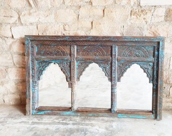 Indian Jharokha Mirror, Triple Arch Mirror, Handcarved Mirror, Blue Distressed Rustic Teak Finish, Intricately Carved Indian Wall Mirror