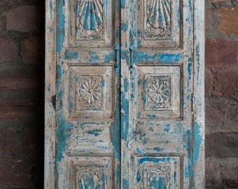 Rustic Vintage Armoire, Mehrangarh Haveli Blue Wardrobe, Display Cabinet, Reclaimed Wood, Farmhouse, Storage Carved Tall Wardrobe 76X32