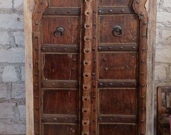 Antique ARMOIRE Arch Door, Iron Straps, Patina Rustic Hand Carved Solid Wood Cabinet, Reclaimed Wood, Storage, Bohemian Aesthetic Decor