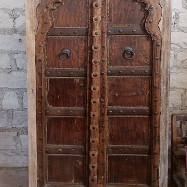 Antique ARMOIRE Arch Door, Iron Straps, Patina Rustic Hand Carved Solid Wood Cabinet, Reclaimed Wood, Storage, Bohemian Aesthetic Decor