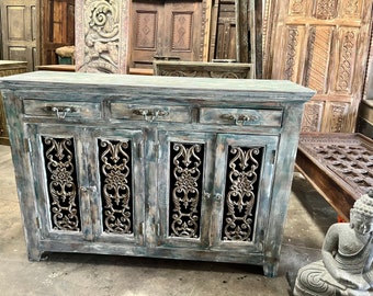 Rustic Jali Sideboard | Antique Teak Wood Door Credenza | Unique Repurposed Old Door Buffet | Ranch Style Spanish Country