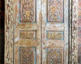 1800s Antique Temple Doors, Distressed Blue, Ganesha Krishna Carved Teak Doors, Boho Chic, Unique Eclectic, 85x52