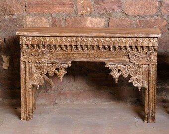 Ornate Sofa table, Old World Rustic Console, Vintage Carved Accent Table, Floral Carving Reclaimed Wood Hall Table, Boho Farmhouse Decor
